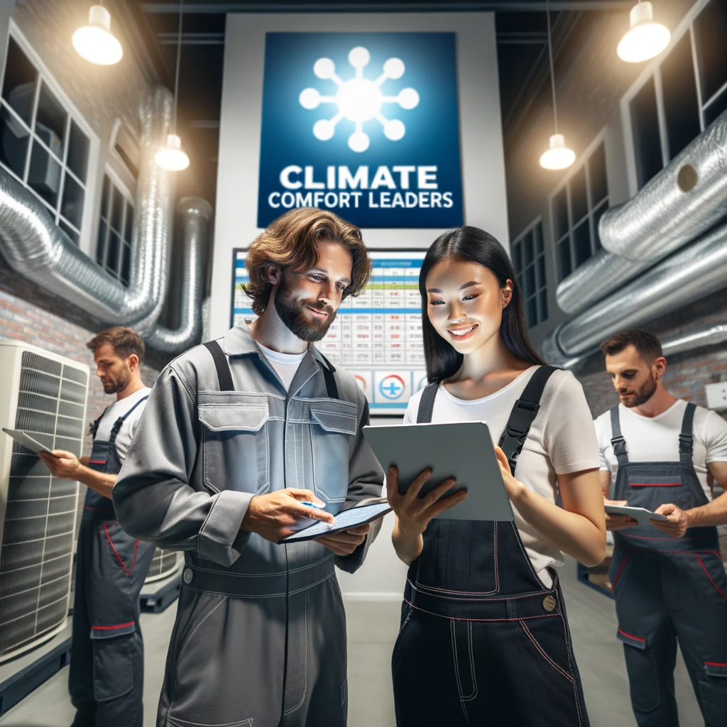 Photo of HVAC technicians, a Caucasian male and an Asian female, discussing plans using digital tablets amidst HVAC units in a commercial building, with the company's logo "Climate Comfort Leaders" on the wall.