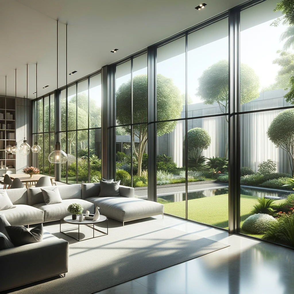 Modern home interior illuminated by large Newman windows, offering an unobstructed view of a beautifully landscaped garden.